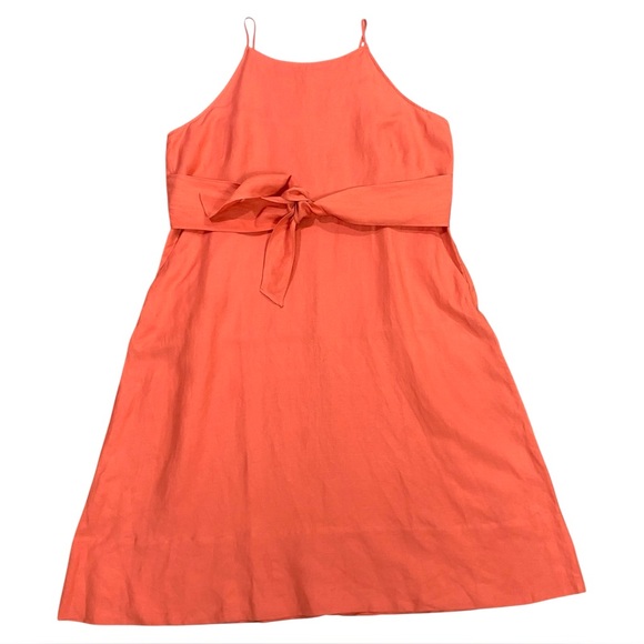 NWT LOFT Petites Coral Linen Blend Midi Dress with Tie Waist and Pockets 18P - Picture 2 of 6
